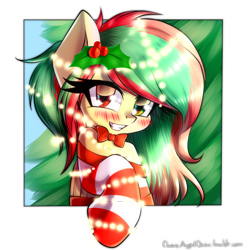 Size: 2000x2000 | Tagged: safe, artist:chaosangeldesu, imported from derpibooru, oc, oc only, oc:amber (doctorcongoalt), pony, blushing, christmas, christmas lights, clothes, commission, heterochromia, holiday, holly, socks, striped socks