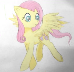 Size: 1243x1221 | Tagged: safe, artist:snail-in-the-soil, imported from derpibooru, fluttershy, pegasus, pony, female, head turn, looking at something, looking away, smiling, solo, spread wings, traditional art, turned head, wings