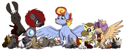 Size: 4300x1767 | Tagged: safe, artist:marukouhai, imported from derpibooru, oc, oc only, oc:euli, oc:maximilian, oc:mekanikoak, oc:skipper, pegasus, pony, rabbit, unicorn, offspring, parent:apple bloom, parent:bulk biceps, parent:featherweight, parent:fluttershy, parent:rainbow dash, parent:rumble, parent:scootaloo, parent:soarin', parents:flutterbulk, parents:rumbloom, parents:scootaweight, parents:soarindash