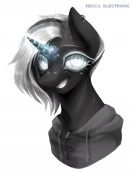 Size: 1414x1828 | Tagged: safe, artist:seamaggie, imported from derpibooru, oc, oc only, oc:mecca electronic, pony, unicorn, bust, clothes, ear piercing, glowing horn, hoodie, piercing, portrait