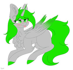 Size: 4148x4000 | Tagged: safe, artist:cat-chai, imported from derpibooru, oc, oc only, oc:floresta oakwood, alicorn, pony, absurd resolution, blushing, chest fluff, colored wings, colored wingtips, female, mare, prone, simple background, solo, tongue out, transparent background