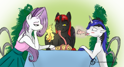 Size: 923x498 | Tagged: safe, artist:obscuredragone, imported from derpibooru, oc, oc only, oc:blaze shadow, oc:lexus the unicorn, oc:violin melody, blue mane, blushing, bracelet, broken horn, clothes, dinner, eating, eyes closed, fire, fire tail, food, jewelry, long tongue, looking at each other, looking at you, pizza, red and black oc, restaurant, skirt, stare, table, tail of fire, tongue out, tongue play, wings