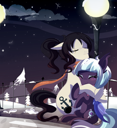 Size: 1600x1750 | Tagged: safe, artist:spookyle, imported from derpibooru, oc, oc only, oc:saucy sweets, bat pony, earth pony, pony, blushing, cape, clothes, female, hug, lamppost, male, mare, night, stallion