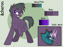 Size: 1663x1239 | Tagged: safe, artist:ipandacakes, imported from derpibooru, oc, oc only, oc:acheron, pony, unicorn, male, offspring, parent:stygian, parent:tempest shadow, reference sheet, solo, stallion