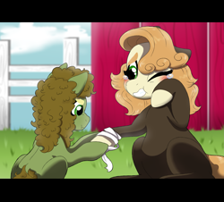 Size: 3457x3126 | Tagged: safe, artist:marukouhai, imported from derpibooru, oc, oc only, oc:juan apple, oc:lucy, pony, bandage, blushing, colt, female, filly, high res, male, offspring, parent:applejack, parent:caramel, parent:cherry jubilee, parent:trouble shoes, parent:troubleshoes clyde, parents:carajack