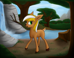 Size: 3403x2634 | Tagged: safe, artist:deerdraw, imported from derpibooru, oc, oc only, oc:terra byte, deer, deer pony, original species, commission, doe, doe pony, female, forest, solo, waterfall