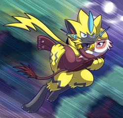 Size: 1456x1400 | Tagged: safe, artist:vavacung, imported from derpibooru, gimme moore, griffon, spoiler:pokémon, bridal carry, carrying, female, male, paw pads, paws, pokémon, spoilers for another series, story included, zeraora