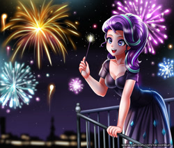 Size: 1300x1110 | Tagged: safe, artist:racoonsan, imported from derpibooru, starlight glimmer, human, balcony, breasts, building, busty starlight glimmer, city, cleavage, clothes, cute, dress, eyebrows, female, fireworks, glimmerbetes, happy, happy new year 2018, horn, horned humanization, humanized, long nails, new year, new years eve, night, open mouth, open smile, smiling, solo