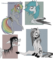 Size: 1024x1132 | Tagged: safe, artist:pinkamenacheshirepie, imported from derpibooru, oc, oc only, oc:circus freak, oc:clockwork crow, oc:jumping jack, oc:twisted, earth pony, ghost, pegasus, pony, sad, sitting