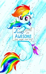 Size: 2121x3370 | Tagged: safe, artist:liaaqila, imported from derpibooru, rainbow dash, seapony (g4), my little pony: the movie, female, happy new year, happy new year 2018, holiday, mare, seaponified, seapony rainbow dash, sign, smiling, solo, species swap, traditional art, underwater