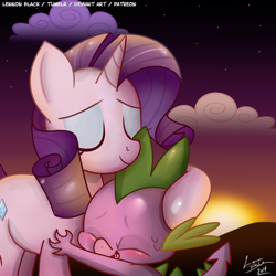 Size: 1200x1200 | Tagged: safe, artist:lennonblack, imported from derpibooru, rarity, spike, dragon, pony, unicorn, cloud, eyes closed, female, hug, male, mare, shipping, smiling, sparity, stars, straight, sunset