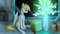 Size: 1280x720 | Tagged: safe, artist:quvr, imported from derpibooru, derpy hooves, pony, christmas, christmas lights, christmas tree, fairy lights, female, holiday, hologram, present, solar panel, solo, space, spaceship, tree, window