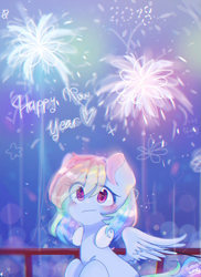 Size: 853x1170 | Tagged: safe, artist:windymils, imported from derpibooru, rainbow dash, pegasus, pony, cute, dashabetes, female, fireworks, happy new year, happy new year 2018, holiday, mare, multicolored hair, solo