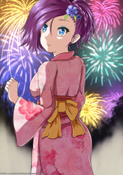 Size: 1024x1453 | Tagged: safe, artist:achaoticdotstar, imported from derpibooru, rarity, human, alternate hairstyle, clothes, cute, eyeshadow, female, fireworks, flower, flower in hair, happy new year, happy new year 2018, holiday, humanized, kimono (clothing), looking back, makeup, raribetes, short hair, smiling, solo