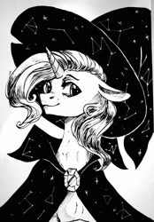 Size: 1500x2160 | Tagged: safe, artist:weird--fish, imported from derpibooru, trixie, pony, unicorn, black and white, cape, clothes, female, floppy ears, grayscale, hat, mare, monochrome, smiling, solo, traditional art, trixie's cape, trixie's hat