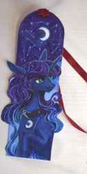 Size: 1087x2160 | Tagged: safe, artist:weird--fish, imported from derpibooru, princess luna, alicorn, pony, bookmark, crescent moon, female, mare, moon, night, solo, stars, traditional art