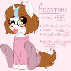 Size: 2409x2425 | Tagged: safe, artist:adostume, imported from derpibooru, oc, oc only, oc:adostume, pony, unicorn, clothes, collar, female, fluffy, glasses, mare, messy hair, reference sheet, sitting, small, solo, stockings, sweater, thigh highs, tongue out