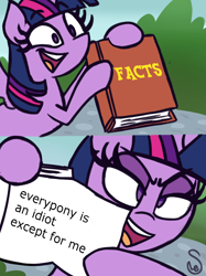 Size: 760x1015 | Tagged: safe, artist:quarium edits, edit, imported from derpibooru, twilight sparkle, alicorn, pony, 2 panel comic, bipedal, comic, ed edd n eddy, english, exploitable, exploitable meme, female, frown, i had an accident, looking at you, meme, showing, smiling, solo, spongebob squarepants, text, twilight sparkle (alicorn), twilight's fact book, well it's true