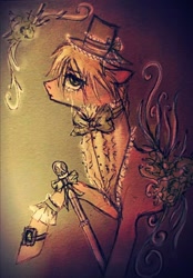 Size: 670x960 | Tagged: safe, artist:vetallie, imported from derpibooru, pony, bow, fashion, hat, lacy, solo, top hat, traditional art, victorian, walking stick