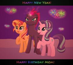 Size: 2202x1984 | Tagged: safe, artist:majkashinoda626, imported from derpibooru, fizzlepop berrytwist, starlight glimmer, sunset shimmer, tempest shadow, pony, unicorn, my little pony: the movie, broken horn, cute, eye scar, female, fireworks, glimmerbetes, happy new year, happy new year 2018, holiday, mare, raised hoof, scar, shimmerbetes, smiling, tempestbetes