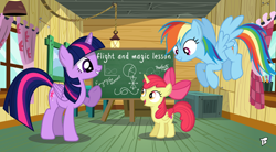 Size: 3000x1650 | Tagged: safe, artist:bepreeh, artist:brony250, imported from derpibooru, apple bloom, rainbow dash, twilight sparkle, alicorn, alicornified, bloomicorn, chalkboard, clubhouse, crusaders clubhouse, race swap, request, teaching, twilight sparkle (alicorn)