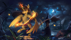 Size: 1920x1080 | Tagged: safe, artist:discordthege, imported from derpibooru, oc, oc only, oc:katya ironstead, alicorn, pony, sphinx, alicorn oc, chest fluff, clothes, coast, commission, dancing, dress, egypt, egyptian, female, fire, magic, mare, moon, ocean, paws, pyramid, scenery, solo, sphinx oc, spread wings, wings