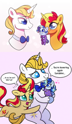 Size: 1000x1720 | Tagged: safe, artist:carouselunique, artist:honeycrisp-tales, artist:little-tweenframes, deleted from derpibooru, imported from derpibooru, prince blueblood, sunset shimmer, oc, oc:sparkling sapphire, pony, unicorn, series:sciset diary, baby, baby pony, collaboration, dialogue, equestria girls ponified, female, magical lesbian spawn, male, mare, offspring, parent:sci-twi, parent:sunset shimmer, parents:scitwishimmer, ponified, smiling, stallion