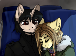 Size: 1050x780 | Tagged: safe, artist:serodart, imported from derpibooru, oc, oc only, pegasus, pony, semi-anthro, unicorn, duo, eyebrow slit, eyebrows, metro, moscow, moscow metro, shipping, sun light, train