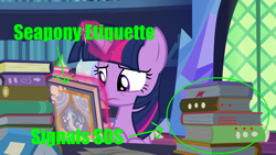 Size: 960x540 | Tagged: safe, edit, edited screencap, imported from derpibooru, screencap, twilight sparkle, alicorn, pony, shadow play, book, easter egg, female, fridge brilliance, mare, morse code, seapony etiquette, solo, twilight sparkle (alicorn)