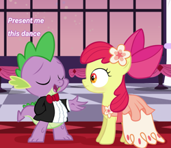 Size: 1593x1385 | Tagged: safe, artist:brony-art, imported from derpibooru, apple bloom, spike, dragon, earth pony, pony, blushing, clothes, dialogue, dress, duo, eyes closed, female, filly, flower, gala dress, male, shipping, show accurate, smiling, spikebloom, standing, straight, tuxedo