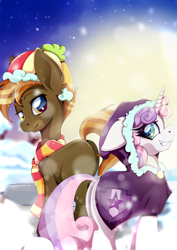 Size: 1358x1920 | Tagged: safe, artist:rariedash, imported from derpibooru, button mash, sweetie belle, earth pony, pony, unicorn, clothes, colt, female, filly, floppy ears, hat, looking back, male, mare, older, older sweetie belle, parka, scarf, shipping, smiling, snow, stallion, straight, sweetiemash, winter