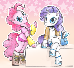 Size: 2000x1827 | Tagged: safe, artist:sl0ne, imported from derpibooru, pinkie pie, rarity, earth pony, pony, unicorn, clothes, cute, diapinkes, female, looking at you, mare, raribetes, shoes, sitting, smiling, traditional art