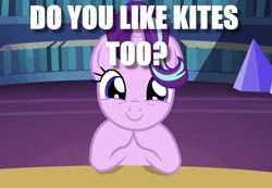 Size: 880x608 | Tagged: safe, imported from derpibooru, starlight glimmer, pony, unicorn, bronybait, cute, female, glimmerbetes, image macro, looking at you, mare, meme, question, talking to viewer, that pony sure does love kites