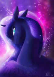 Size: 2480x3507 | Tagged: safe, artist:obsidelle, artist:php102, imported from derpibooru, princess luna, alicorn, pony, abstract background, evil grin, female, floppy ears, glare, grin, looking at you, looking back, looking back at you, mare, missing accessory, nightmare luna, ominous, slit eyes, slit pupils, smiling, smirk, solo, spread wings, wings