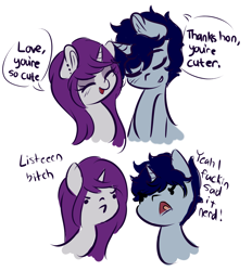 Size: 3901x4200 | Tagged: safe, artist:wickedsilly, imported from derpibooru, oc, oc only, oc:sleepy head, oc:wicked silly, pony, angry, bust, comic, dialogue, dot eyes, ear fluff, ear piercing, eyes closed, female, male, oc x oc, open mouth, piercing, shipping, smiling, speech bubble, straight, vulgar, wickedsleepy