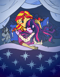 Size: 1024x1325 | Tagged: safe, artist:joshjenkins6, artist:t3chno 0taku, imported from derpibooru, smarty pants, sunset shimmer, twilight sparkle, equestria girls, bed, blushing, collaboration, cuddling, cuddling in bed, cute, duo, eyes closed, female, hug, in bed, lesbian, one eye closed, pillow, plushie, shimmerbetes, shipping, sleeping, snuggling, sunsetsparkle, twiabetes