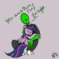 Size: 1600x1600 | Tagged: safe, artist:whydomenhavenipples, imported from derpibooru, twilight sparkle, oc, oc:anon, alicorn, human, pony, captain obvious, clothes, crying, cute, daaaaaaaaaaaw, dialogue, duo, ear fluff, eyes closed, female, gray background, heartwarming, hug, human on pony snuggling, male, pretty pony, simple background, smiling, snuggling, socks, sweet dreams fuel, talking, tears of joy, twilight sparkle (alicorn)