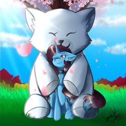 Size: 2000x2000 | Tagged: safe, artist:sonigiraldo, imported from derpibooru, oc, oc only, oc:dess, pony, hug, one eye closed, sitting, smiling