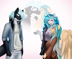 Size: 3538x2917 | Tagged: safe, artist:askbubblelee, imported from derpibooru, oc, oc only, oc:bubble lee, oc:mako, oc:willow breeze, anthro, orca pony, original species, pegasus, unicorn, anthro oc, body freckles, breasts, chest freckles, cleavage, clothes, ear fluff, ear piercing, eyes closed, female, floppy ears, freckles, grandmother and grandchild, kissing, looking at each other, makolee, male, mare, oc x oc, open mouth, pants, piercing, shipping, shirt, smiling, stallion, surprised, trio, wiko