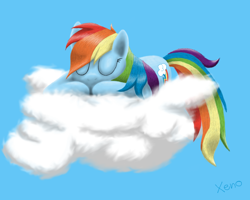 Size: 800x640 | Tagged: safe, artist:the1xeno1, imported from derpibooru, rainbow dash, pegasus, pony, cloud, cute, eyes closed, female, mare, on a cloud, sleeping, solo