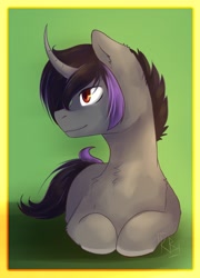 Size: 1380x1920 | Tagged: safe, artist:shiro-roo, imported from derpibooru, oc, oc only, pony, unicorn, chest fluff, curved horn, lying, male, prone, smiling, solo, stallion