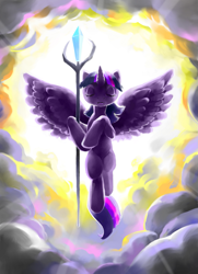 Size: 929x1280 | Tagged: safe, artist:il-p0, imported from derpibooru, twilight sparkle, alicorn, my little pony: the movie, backlighting, eyes closed, female, scene interpretation, sky, solo, spread wings, staff, staff of sacanas, twilight sparkle (alicorn), wings