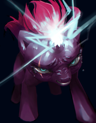 Size: 995x1280 | Tagged: safe, artist:il-p0, imported from derpibooru, tempest shadow, my little pony: the movie, broken horn, eye scar, female, glowing horn, gritted teeth, horn, scar, solo, sparking horn