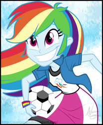 Size: 1749x2110 | Tagged: safe, artist:lunchie, artist:namygaga, imported from derpibooru, rainbow dash, equestria girls, rainbow rocks, ball, clothes, compression shorts, credits, cute, end credits, female, shine like rainbows, skirt, smiling, solo, wristband