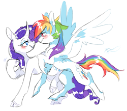 Size: 1413x1233 | Tagged: safe, artist:xenon, imported from derpibooru, rainbow dash, rarity, pegasus, pony, unicorn, blushing, cloven hooves, curved horn, female, lesbian, looking at each other, mare, raised hoof, raridash, shipping, simple background, smiling, spread wings, white background, wings