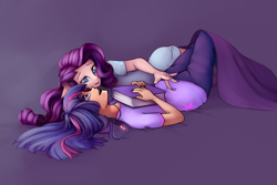 Size: 3000x2000 | Tagged: safe, artist:lilfunkman, imported from derpibooru, rarity, twilight sparkle, human, book, female, humanized, lesbian, looking up, on back, open mouth, purple background, rarilight, shipping, simple background, smiling