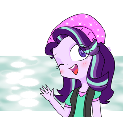 Size: 676x644 | Tagged: safe, artist:chautung, imported from derpibooru, starlight glimmer, human, equestria girls, beanie, blushing, clothes, female, hat, looking at you, one eye closed, open mouth, solo, waving, wink