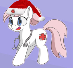 Size: 800x752 | Tagged: safe, alternate version, artist:treekickerdraws, edit, imported from derpibooru, nurse redheart, pony, adorable face, adoredheart, christmas, cute, female, funny, hat, heartabetes, holiday, mare, open mouth, purple background, santa hat, simple background, smiling, solo, stethoscope