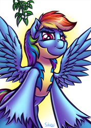 Size: 1034x1453 | Tagged: safe, artist:skorpionletun, imported from derpibooru, rainbow dash, pegasus, pony, clothes, female, looking at you, looking down, mare, mistletoe, multicolored hair, smiling, solo, spread wings, uniform, wings, wonderbolt trainee uniform, wonderbolts uniform