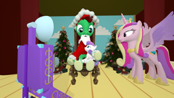 Size: 1920x1080 | Tagged: safe, artist:northern haste, imported from derpibooru, princess cadance, princess flurry heart, oc, oc:northern haste, 3d, beard, camera, christmas, christmas tree, clothes, costume, facial hair, fake beard, female, filly, hat, holiday, santa claus, santa costume, santa hat, santa hooves, source filmmaker, tree